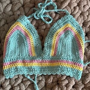Crochet Bikini Top in Mint with Pink & Yellow Accents